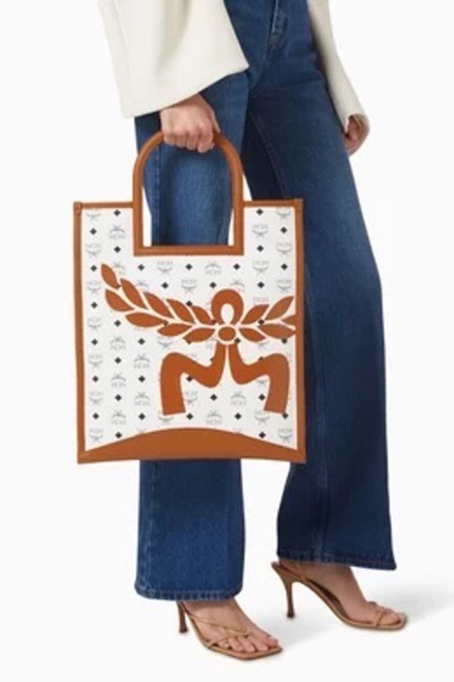 MCM White Natural Brown Mega Laurel Visetos Leather Trim Medium Tote Bag Purse